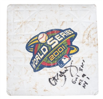 2001 Curt Schilling Signed and Inscribed Game Used Second Base From World Series Game 1 (MLB Authentication & Steiner)